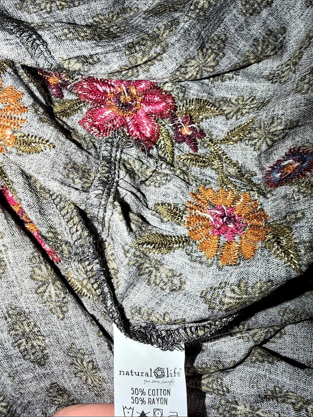 natural life Slate Gray Floral Embroidered Tiered Midi Dress Large lagenlook - Picture 2 of 7